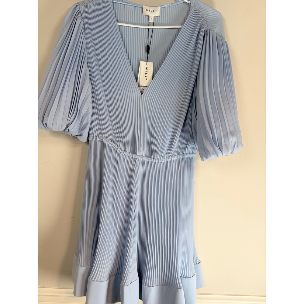 Milly Elle Pleated Dress Hal Sky Blue V-Neck Puff Sleeve Mini 15ED73 Womens 10